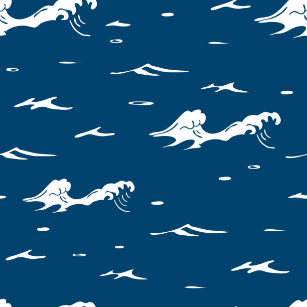 파란색 배경에 바다 파도가 있는 벡터 패턴을 반복합니다. 간단한 바다 벽지 질감. 장식 물결 모양의 물 패션 직물. - nautical vessel wave pattern old fashioned summer stock illustrations