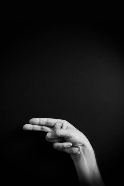 B&W image of hand demonstrating ASL sign language letter H with empty copy space