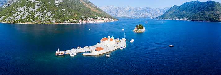 Aerial view of two islands - Church of Our Lady of the Rocks and Saint George near Perast in Kotor bay, Montenegro