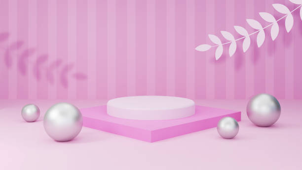istock Product Display 3D Minimalist Podium Geometric Scene Soft Pink Theme Silver Metallic with Leaf 1331942507
