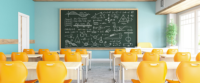 Empty School Classroom with Chairs and Black Boards. 3d Render