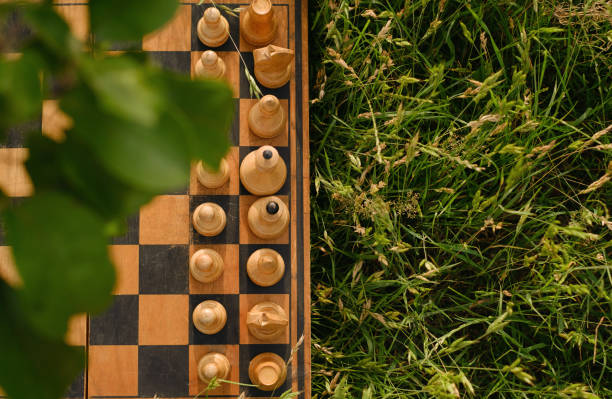 un viejo tablero de ajedrez con piezas colocadas en la hierba al principio. - chess field fotografías e imágenes de stock