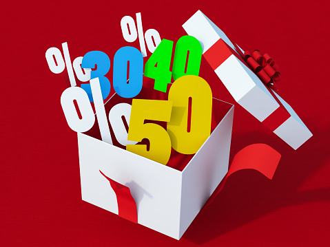 30 40 and 50 Sale Percentages with Gift Box. 3d Render