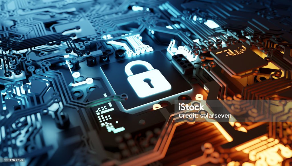 Digital Cloud Security Background Concept Digital cloud and network security. 3D computer hardware illustration. Network Security Stock Photo