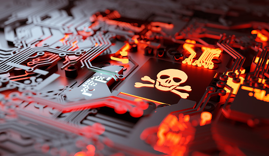 Vulnerable computer hardware being hacked and network ransomware digital cybercrime background concept. 3D illustration.