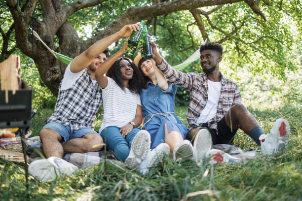istock Multiracial friends drinking beer during picnic at garden 1331946570