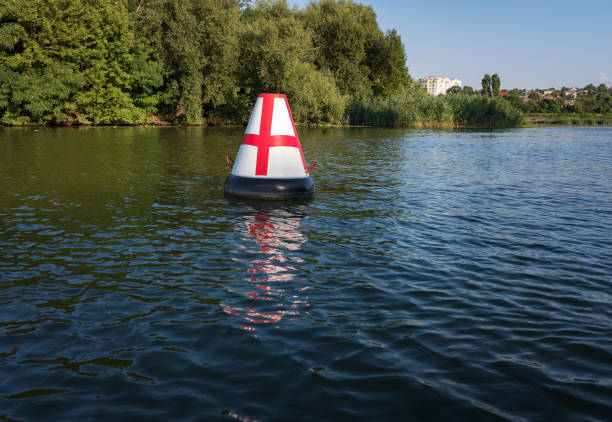 istock White-red buoy on the river for the safe navigation 1331946678