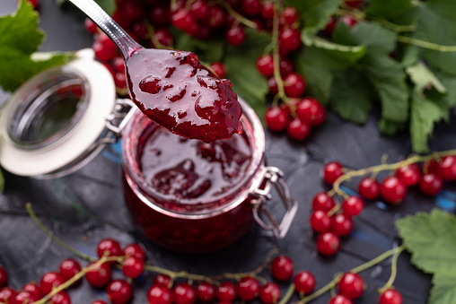 Homemade red currant jam preparation with fresh fruits