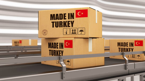 istock Made in Turkey Cargo Boxes on Conveyor Belt 1331947163