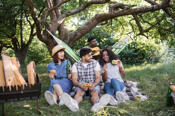 istock Friends eating, drinking and playing guitar on picnic 1331947172