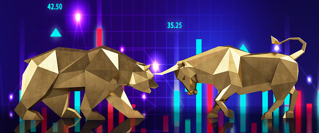 Bull and Bear Stock Market Prices Concept. 3d Rendr