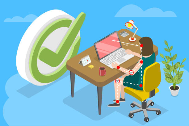 3D Isometric Flat Vector Conceptual Illustration of Ergonomically Correct Workstation 3D Isometric Flat Vector Conceptual Illustration of Ergonomically Correct Workstation, Proper Sitting Posture at a Computer adjusting seat stock illustrations
