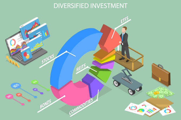 illustrations, cliparts, dessins animés et icônes de illustration conceptuelle vectorielle plate isométrique 3d d’un investissement diversifié - mutual fund portfolio investment finance