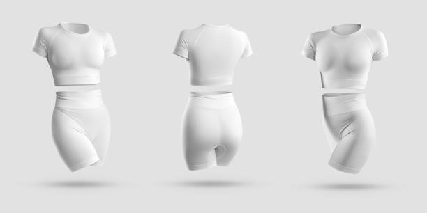 istock Mockup crop top, rashguard, t-shirt, high shorts, bicycles, compression underwear 3D rendering isolated on background. 1331953205
