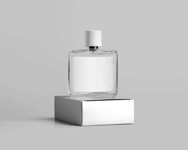 istock Mockup glass transparent bottle with label, perfume container, white cardboard box for design, isolated on gray background. 1331953273