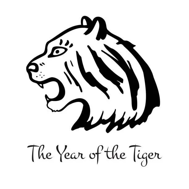 Vector illustration of Roaring tiger head. Chinese zodiac character. The year of the Tiger. Happy Chinese New year