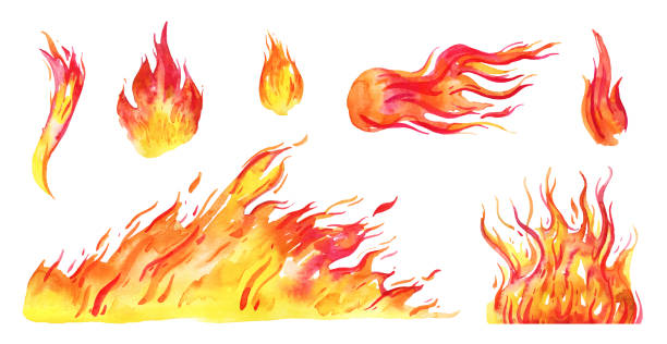 水彩炎セット。異なる火災要素。手描きのスケッチイラスト。白い背景に隔離 - flaming torch点のイラスト素材／クリップアート素材／マンガ素材／アイコン素材