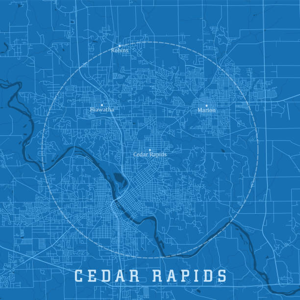 illustrazioni stock, clip art, cartoni animati e icone di tendenza di cedar rapids ia city vector road map blue text - iowa map