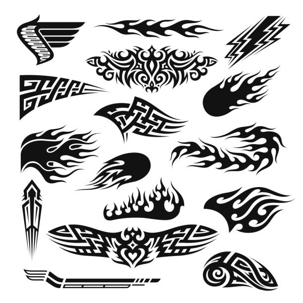 Collection monochrome car sticker vector flat illustration. Set vinyl art decoration for automobile Collection monochrome car sticker vector flat illustration. Set of vinyl art decoration for automobile isolated on white. Tattoo ornament with speed curve wings, flame, lighting, sword. Black design motorcycle tattoo designs stock illustrations
