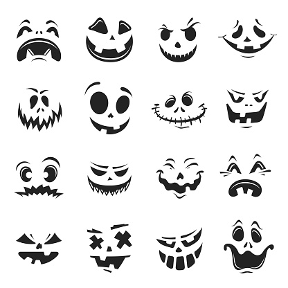 Collection of monochrome halloween pumpkin face vector flat illustration. Set of horror facial decoration scary ghost isolated on white. Traditional All Saints' Day decor funny face pattern