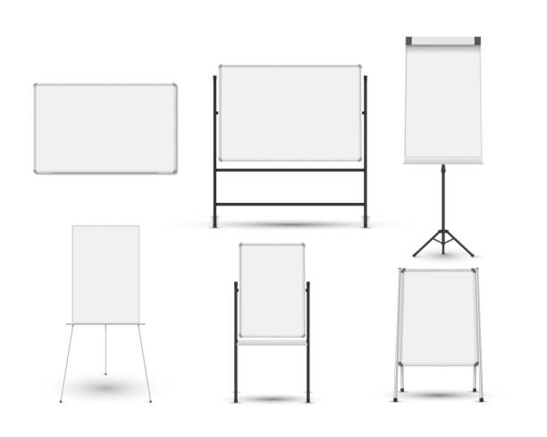 Collection realistic whiteboard vector illustration. Equipment for seminar, presentation, training Collection different realistic whiteboard vector illustration. Set of blank magnetic board with metal frame, on tripod, hanged on wall isolated on white. Equipment for seminar, presentation, training easel stock illustrations