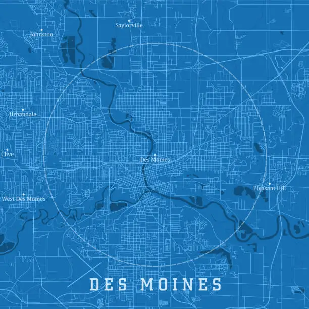 Vector illustration of Des Moines IA City Vector Road Map Blue Text