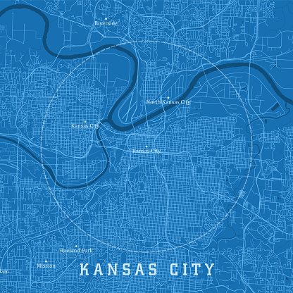 Kansas City MO City Vector Road Map Blue Text. All source data is in the public domain. U.S. Census Bureau Census Tiger. Used Layers: areawater, linearwater, roads.
