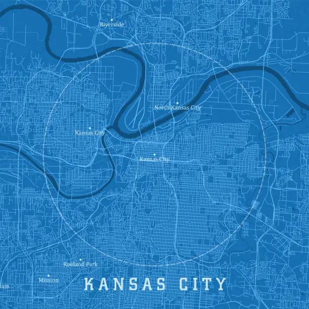 Vector illustration of Kansas City MO City Vector Road Map Blue Text