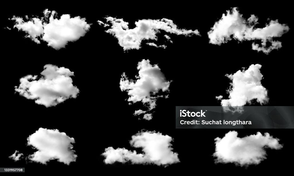 Collection clouds isolated Collection of fog, white clouds or haze For designs isolated  on black background Cloud - Sky Stock Photo