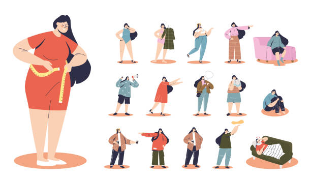 ilustraciones, imágenes clip art, dibujos animados e iconos de stock de conjunto de dibujos animados de talla grande femenino que mide la cintura en diferentes situaciones de estilo de vida y poses - loose weight