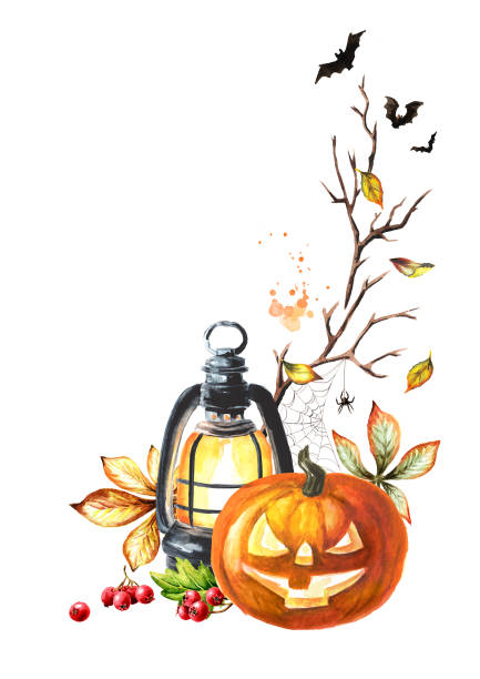 Halloween pumpkin with lantern and autumn leaves. Hand drawn watercolor illustration, isolated on white background Halloween pumpkin with lantern and autumn leaves. Hand drawn watercolor illustration, isolated on white background halloween pumpkin human face candlelight stock illustrations