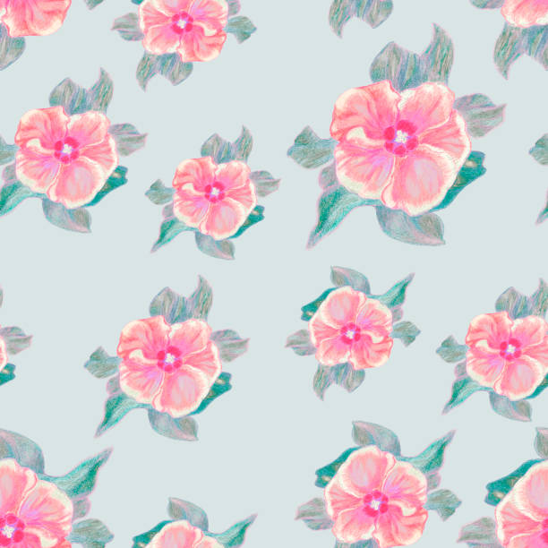 istock Pink flowers on blue background. Colored pencils texture. Retro style floral pattern. Seamless pattern. Pastel colors. 1331959720