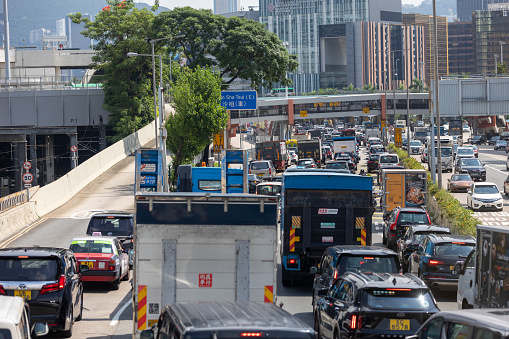 Hong Kong - August 2, 2021 : Vehicles queue up to enter the Cross-Harbour Tunnel in Hung Hom, Kowloon, Hong Kong. The Cross-Harbour Tunnel is the first tunnel in Hong Kong built underwater.