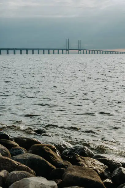 Öresundsbron in Malmö Sweden across to denmark, bridge over the sea. CLoudy day in Sweden