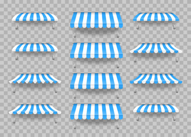 Outdoor awning canopy for cafe, shop window. Outdoor striped awning canopy for cafe and shop window of different forms. Sunshade for restaurant. Awning umbrella for the market, striped summer scallop for shop vector illustration. Eps 10. store wall surrounding wall facade stock illustrations