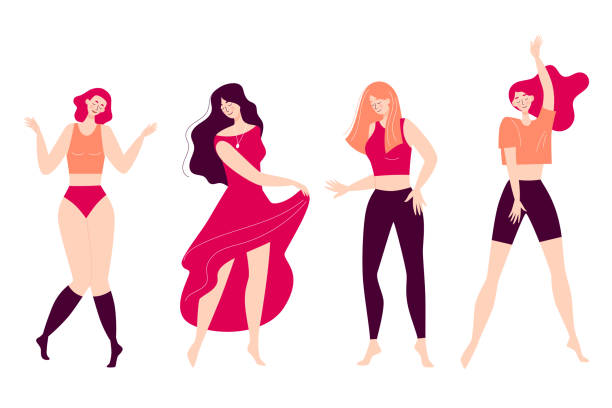 춤추는 행복한 청녀세트. 디스코, 스포츠 활동, 피트니스, 운동. 자신과 몸을 사랑하십시오. 흰색 배경에 격리 된 플랫 스타일의 그림 - woman dancing stock illustrations
