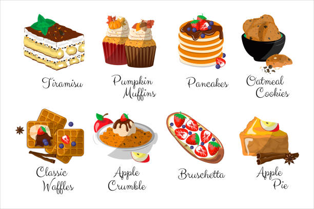 Desserts list. Sweet pastries set with names. Pies, cakes. Tiramisu, pancake, muffin, bruschetta, waffles, oatmeal cookies, apple pie Desserts list. Sweet pastries set with names. Pies, cakes on white background. Tiramisu, pancake, muffin, bruschetta, waffles, oatmeal cookies, apple pie apple pie cheese stock illustrations
