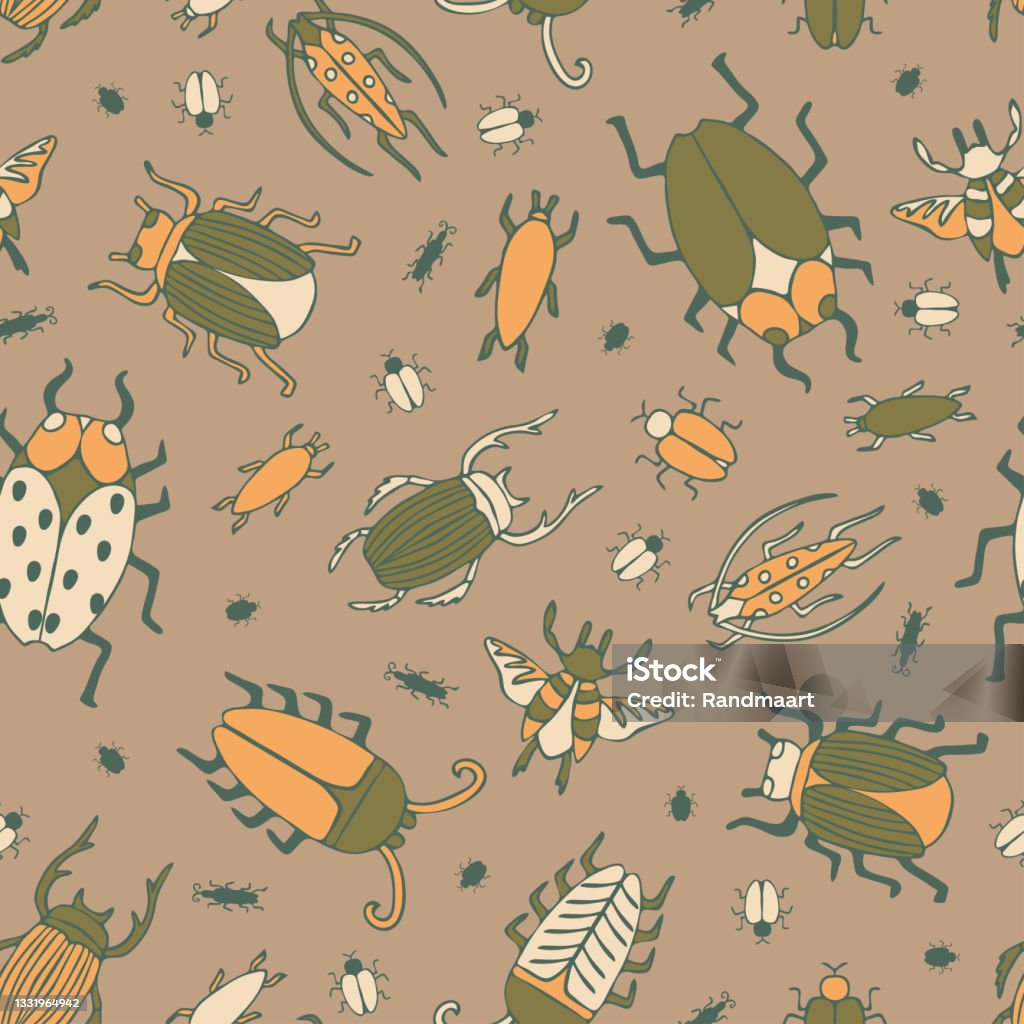 Repeat Vector Pattern With Hand Drawn Bugs On Beige Background Simple ...
