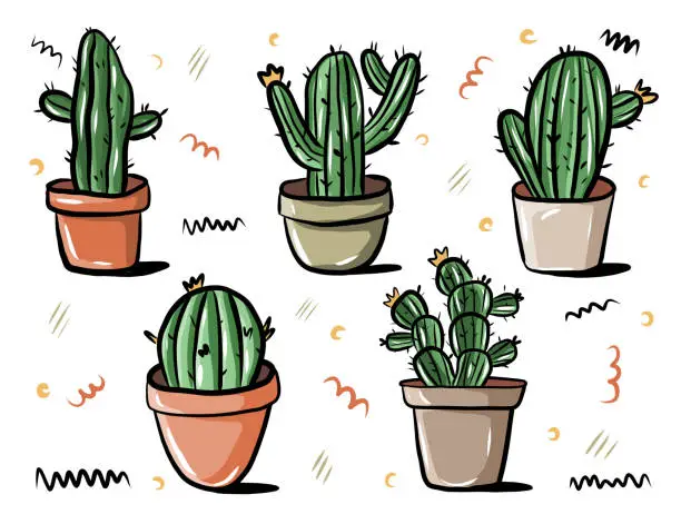 Vector illustration of Cactus Collections Set Cartoon Style. Colorful Cute Illustration