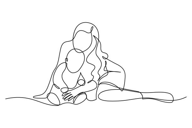 Mother playing with her young child Mom with her young kid in continuous line art drawing style. Mother playing and teaching her toddler child. Minimalist black linear sketch isolated on white background. Vector illustration continuous line drawing illustrations stock illustrations