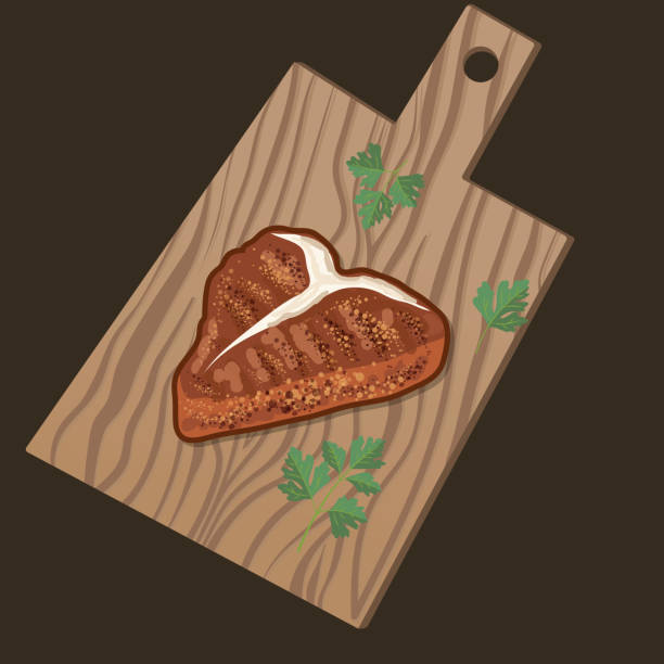 ilustrações de stock, clip art, desenhos animados e ícones de wooden cutting board with grilled t-bone steak - steak meat beef t bone steak