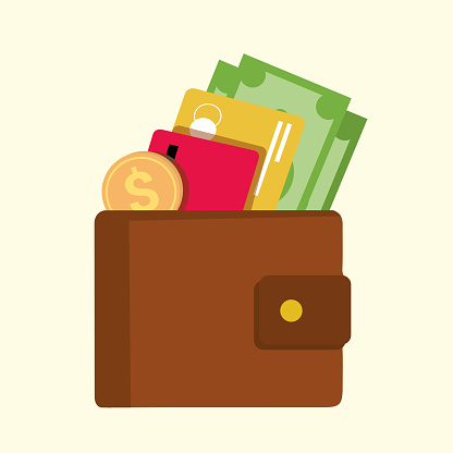A brown wallet has a yellow color button. Inside the wallet are three green dollars. There is one yellow credit card, one pink business card, one coin. Wallet, financial and bank concept. The background is plain cream color.