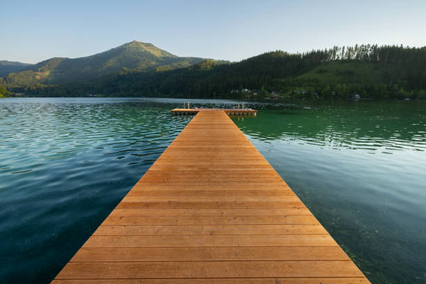 istock mountain lake with wooden jetty 1331969650