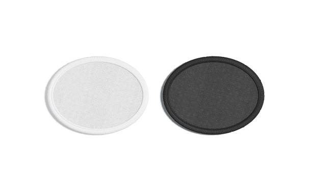 Blank black and white round embroidered patch mockup, top view
