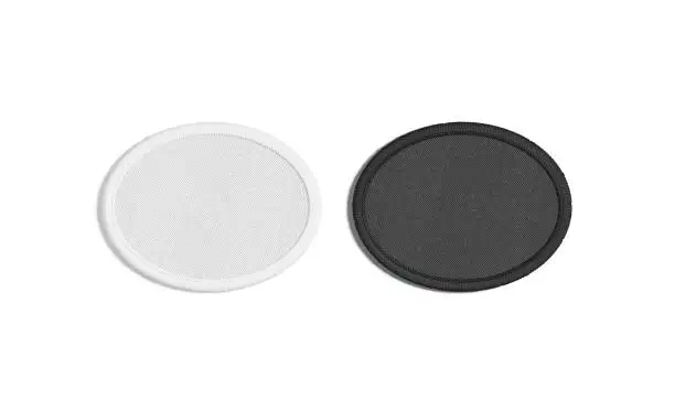 Blank black and white round embroidered patch mockup, top view, 3d rendering. Empty decoration oval symbolic mock up, isolated. Clear fabric attachment badge for culture sign template.