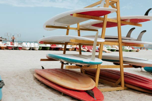 istock Surfboards stacked on the rack on a beach 1331972798