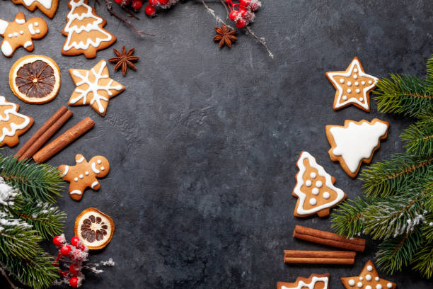 istock Christmas card with gingerbread cookies and spices 1331973361