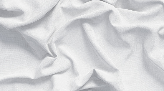 Blank white crumpled fabric material mockup, side view, 3d rendering. Empty abstract rumpled drapery or bed sheet mock up. Clear rumpled textile or linen surface template.