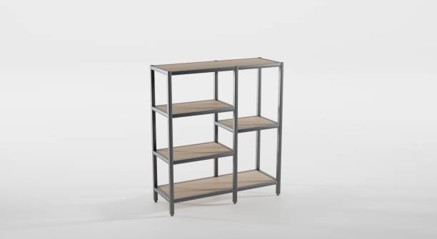 istock Empty wooden shelving with metal base in perspective angle view. Rack in loft style for interior office or apartment, modern design. Mockup blank 3d shelves for storage isolated on white background 1331973718