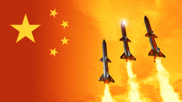 China flag with missiles. China nuclear missile attack. stock photo